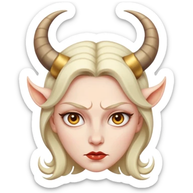 Woman with subtle horns, smooth skin and sharp gaze, divine corruption sticker