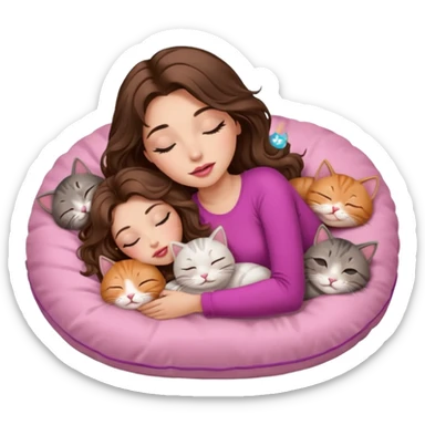 girl with long wavy brown hair, brown eyes, long lashes makeup, sexy pink lips, light to medium complexion, sleeping on a cozy pillow with 6 cats sticker