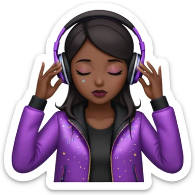 Girl with dark hair, wearing a black jacket, has glitter on her eyelids, and wearing mauve lipstick, wearing headphones, her hands are on her ears, and her eyes are close sticker
