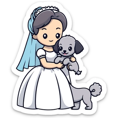 beautiful girl in a wedding dress hugging a small gray poodle sticker