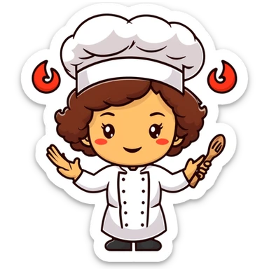 Mixed-race female chef with medium-length curly brown hair, wearing a chef's hat (toque), with both an angel halo and devil horns on her head sticker