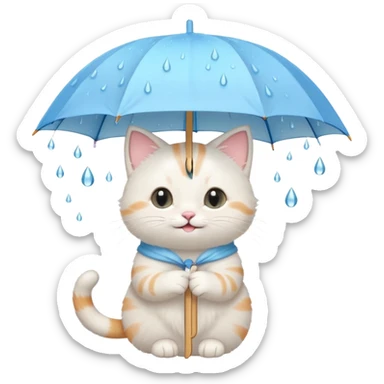 A cute cat holding a pastel umbrella, smiling while raindrops fall softly. sticker