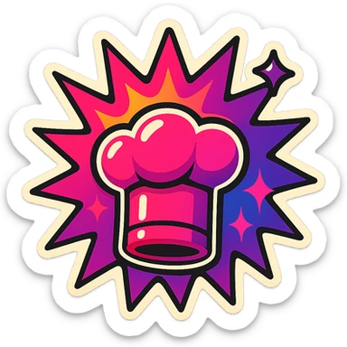 chef's hat, lot of colors explosions, playful and modern with gradient FF4D67, 9D34FF gradient, border black, vibrant, matching image reference  sticker