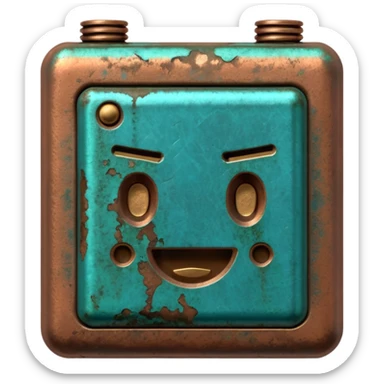 3D render of Battery Terminal, heavily oxidized copper texture, verdigris patina, Metal contact with blue/green powder corrosion, weathered bronze aesthetic, ancient decay, emoji style, isolated on white background --v 6.0. sticker