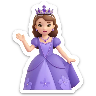 Sofia the First as a 3D emoji, waving, with her purple dress and tiara, cheerful expression sticker