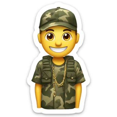 smiling male in camo shirts with little small chain wearing a funny hat with ears  sticker