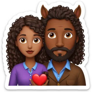pareja de Mujer morena rizada cabello largo castaño ojos oscuros y hombre piel blanca con caballo oscuro con barba y ojos marron alrededor de la pareja corazones sticker