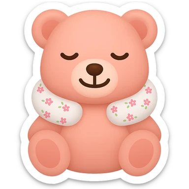 Create an iPhone emoji style pink teddy bear with a floral neck pillow. The bear has closed eyes and is smiling, simple and cute, with a transparent background. Maintain the iPhone emoji style look. sticker