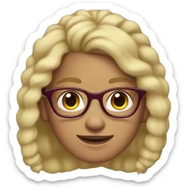 girl with freckles and blonde wavy hair in pony tail, wearing burgundy glasses and a hoodie sticker