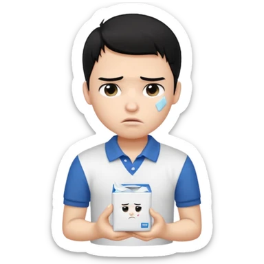 generate a pretty bratz boy with black hair, wearing a white polo shirt. Looking sad, holding a box of tissues sticker