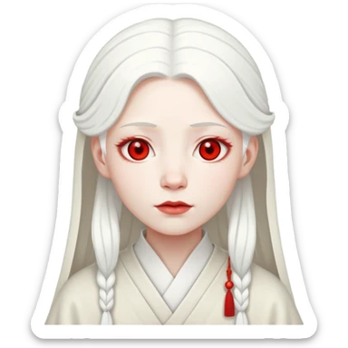 forty year old albino shrine maiden with white hair, red eyes, and pale face sticker