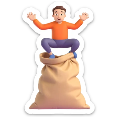 simplified minimal details man jumping inside of a sack, 3D style sticker