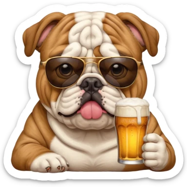 English bulldog wearing sunglasses holding a beer sticker