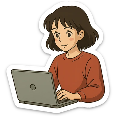 ghibli style brunette girl working on a laptop sticker