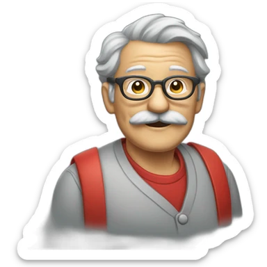 old smiling painter wearing a big gray mustache, thin glasses, a red shirt sticker