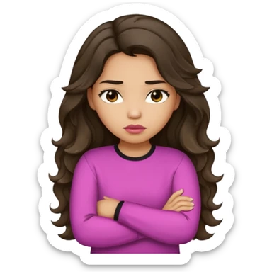 Hispanic light tan girl with long dark wavy hair with arms folded and pouting. Wearing a long sleeve. Hair with middle part. sticker