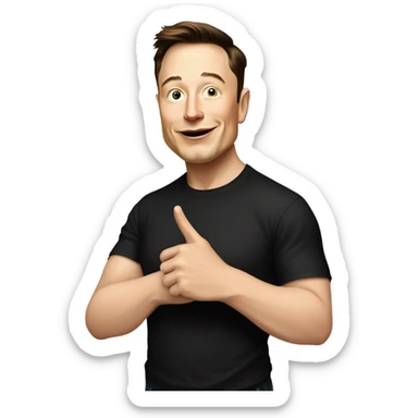 A cartoon-style illustration of Elon Musk with a confident smirk, wearing his signature black t-shirt, pointing downward with both index fingers toward the content below. His facial expression should convey a mix of enthusiasm and playful authority.  sticker