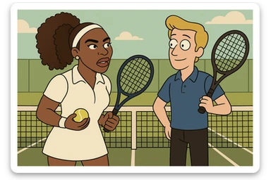 Serena Williams white shirt dress tennis racket one ball tennis a man dark yellow hair blue shirt black trousers tennis racket tennis court background  sticker