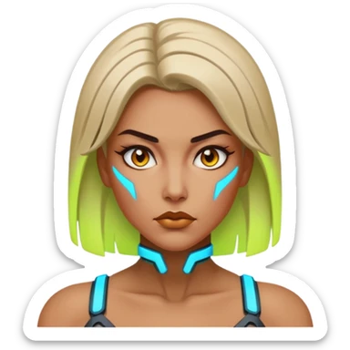a strong woman with cybernetic enhancements and neon accents sticker