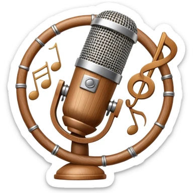 Create a warm and inviting humanless emoji representing folk singing. The design should feature a traditional microphone, perhaps with a wooden texture, symbolizing the rustic and authentic feel of folk music. Surround the microphone with subtle elements such as a hand-played tambourine, an accordion, or a balalaika to reflect the folk instruments. Add flowing musical notes to symbolize the vocal melodies. Use earthy, natural colors like browns, reds, and greens to evoke a sense of tradition, warmth, and connection to the community. The background should be transparent. sticker