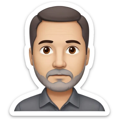Hispanic man, 57 years old with light complexion. Round face with defined jawline. Expressive dark brown eyes, thick straight eyebrows. Short brown hair, slightly styled. Full brown beard with minimal gray. Professional appearance. Wearing a dark collared shirt. sticker