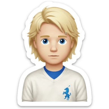 Create a look for a blond boy with long, tousled hair, light eyes, a white sweater, a wealthy appearance, blue eyes, a
nd accessories like a Rolex or Cartier watch, and a cute face with messy hair down. blue eyes + polo ralph lauren and the hair to the side sticker