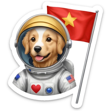 golden retriever standing in space suit holding red rectangle flag sticker