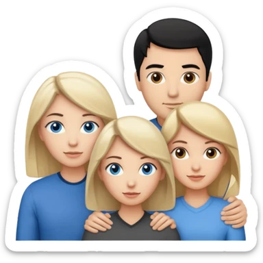 3 people. Throuple. Blank woman with blond hair and blue eye color on left. And also a blank man with black hair and grey eye color in the middle. And a blank woman with brown hair and grey eye color on the right. Holding each other sticker