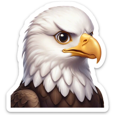 Cinematic Cute American Eagle Portrait Emoji, Head tilted playfully and inquisitively, featuring a streamlined form with a subtle blend of dark and white plumage and round, sparkling eyes full of spirited charm, Simplified yet irresistibly adorable features, highly detailed, glowing with a warm, inviting glow, high shine, affectionate and lively, stylized with a touch of whimsical aerial grace, soft glowing outline, capturing the essence of a mischievous yet endearing American eagle that seems as if it could glide out of the screen into your heart! sticker