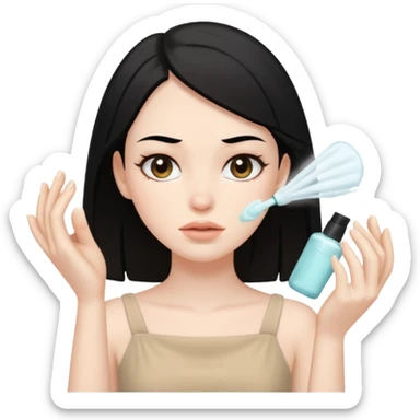 White girl with black hair in beige dress getting a facial cleansing sticker