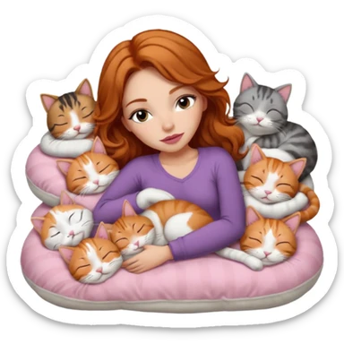 girl with long wavy brown hair, long lashes makeup, sexy pink lips, light to medium complexion,  sleeping on a cozy pillow, with 6 cats: 1 ginger/white, 1 grey with white paws, 1 calico, 2 grey and white and one tabby and white sticker