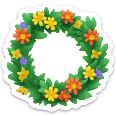 Create an image wreath of colourful flowers and green oak leaves in style of iOS emoji sticker