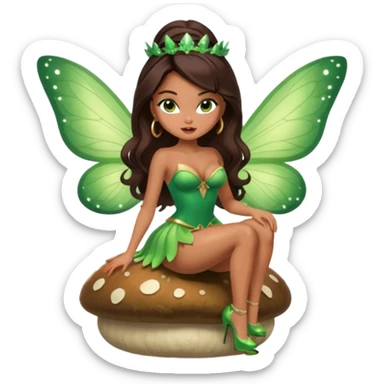 A sexy, super pretty bratz girl with caramel skin. Huge tits. Dark brown hair and brown eyes. She has freckles. Wearing sexy makeup. Wearing a green fairy costume and heels and flying nsfw sitting on a mushroom sticker