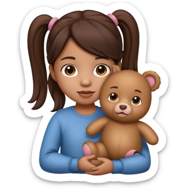 Toddler emoji with two pigtails dark brown hair holding stuff sticker