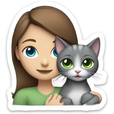 A brown-haired girl with blue eyes is hugging a gray cat with green eyes. sticker