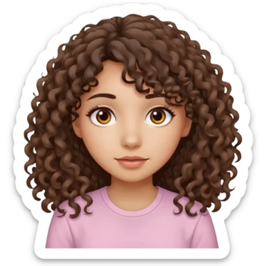 A Latina girl with brown eyes and long loose curly hair with curly bangs with a light pink shirt sticker