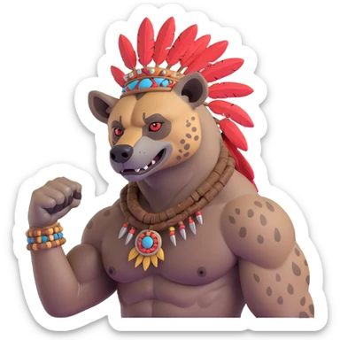A native strong buff hyena with war bonnet flexing posing  sticker