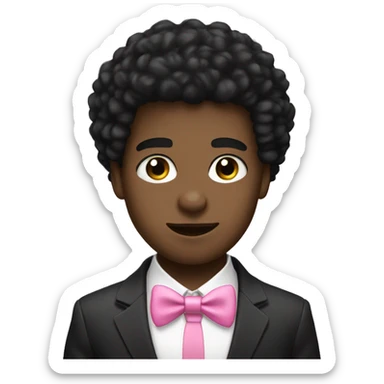 A black twink with an afro mullet in a suit, cute face, a pink bow tie sticker