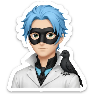 Handsome sexy adult anime man with light-blue hair and a black bird beak mask that covers whole face, black face mask, black mouth mask, black feathers draped over shoulder, wearing a white lab coat, long thin hair tendrils on the sides, blue cravat sticker