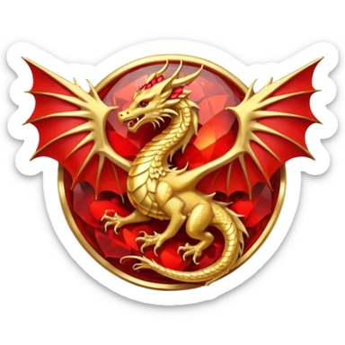 Golden Dragon with golden wings golden crest/brosch in a golden circle with red gems sticker