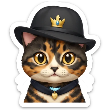 Cute mostly black tortoiseshell kitten wearing a british hat, golden eyes sticker