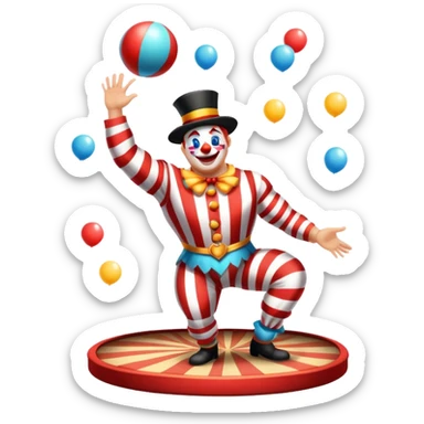 Icon for Circus Arts: a vibrant round circus arena with a strongman in a striped costume, a juggler performing and a clown entertaining the crowd. The icon should capture the energy and excitement of a circus performance. Transparent background. sticker