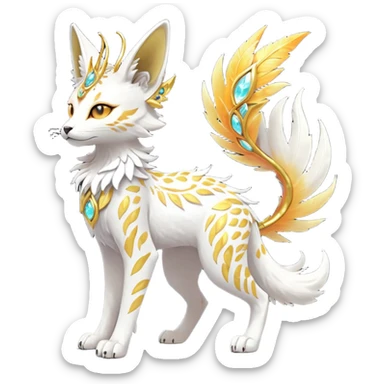 Epic complex fantasy glorious detailed futuristic divine godly angelic feathery sunny, white, albino, pastel, golden, orange glowing sparkly, realistic Fakémon-Sprigatito-Floragato-Meowscarada-Trico-Sergal-Serval-Solgaleo-Vernid-creature (full body) solarpunk, shiny sparkly with a gold laurel sticker
