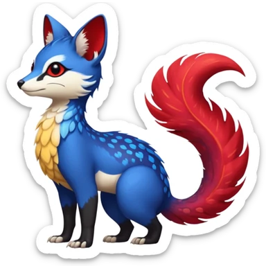 Feral Rare Fantasy vibrant tropical exotic cobalt-blue-crimson-red-black-white-yellow-gradients, Vernid-Trico-species-creature by LiLaiRa, random markings, tufted tail, tufted ears, full body sticker