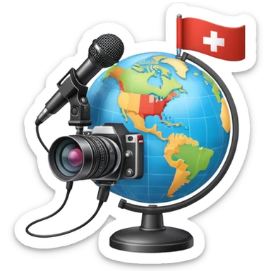 An icon showing a microphone, a notepad, and a camera, symbolizing journalism. The design includes a globe in the background, representing global news, and a breaking news banner for emphasis. Transparent background highlights the dynamic world of media and reporting. sticker