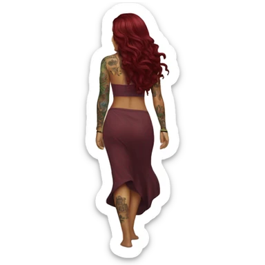 Beautiful tattooed  burgundy long haired woman walking on the beach sticker