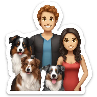 family group consisting of brunette long hair woman, hairless man , black tri Australian shepherd, red Merle Australian shepherd,  sticker