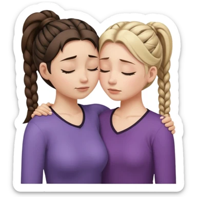 Comforting Hug two white skin women, one shorter woman with medium brown simple top ponytail, not braided, and one taller sad woman with a single long black side braid sticker