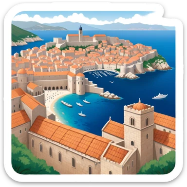 Cinematic Realistic Dubrovnik Landmark Emoji, showcasing the historic walled city with its terracotta rooftops, stone fortifications, and the deep blue Adriatic Sea stretching beyond. sticker