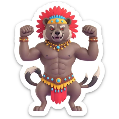 A native strong buff hyena with war bonnet flexing posing  sticker